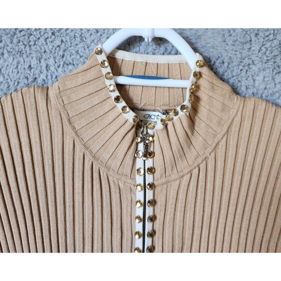 Vtg Y2K Cache Women's L Long Sleeve Zip Up Ribbed Stretch Top Rhinestones Beige - Picture 2 of 12